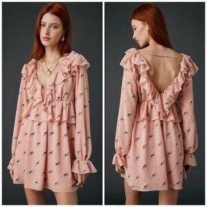 NWOT AFRM Arland Kitten Dot Ruffle Long Sleeve Babydoll Mini Dress Size S